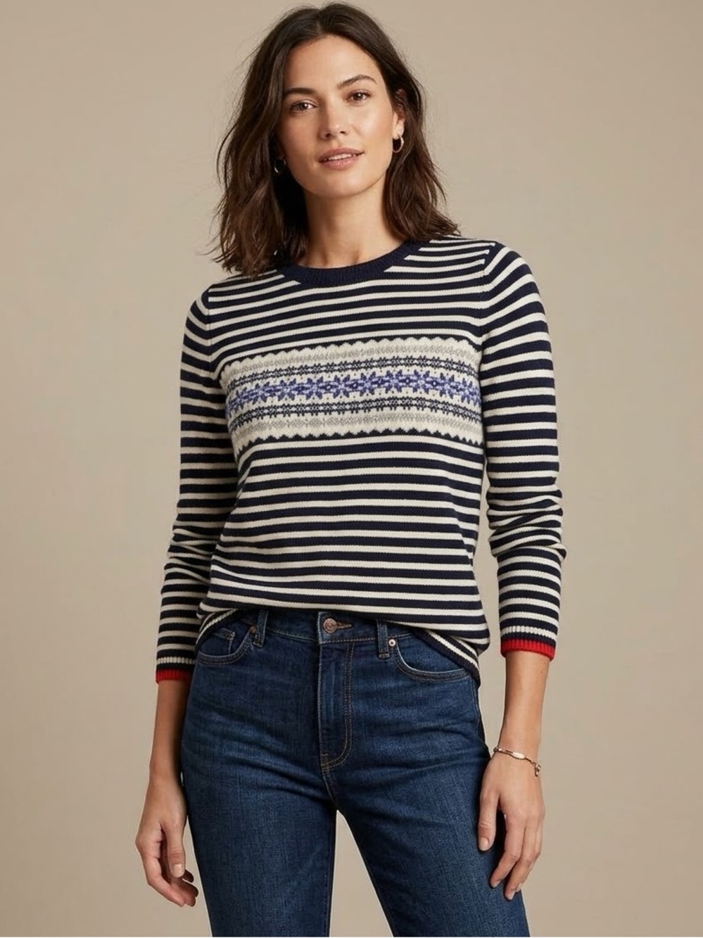 🏷️ NWT J.Crew Navy Striped Fair Isle Merino Wool Sweater Womens M